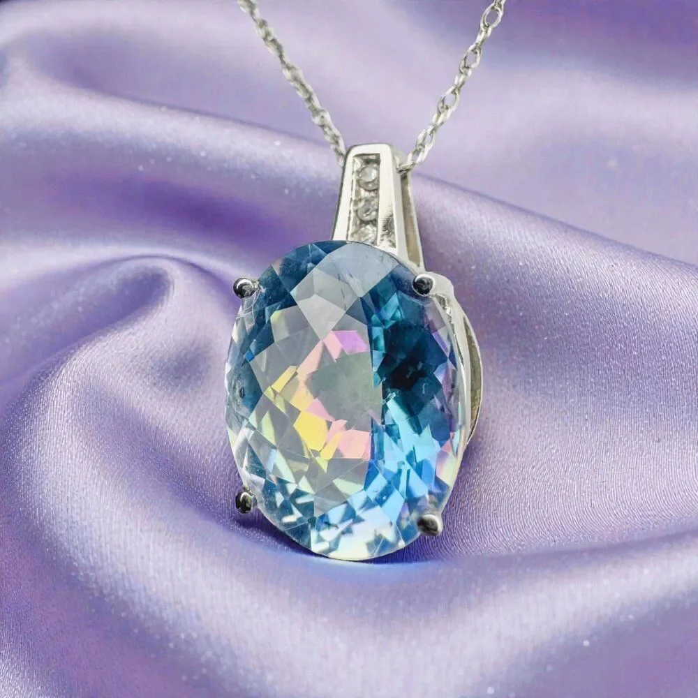 10K White Gold LARGE Mystic Topaz & Diamond Necklace -18